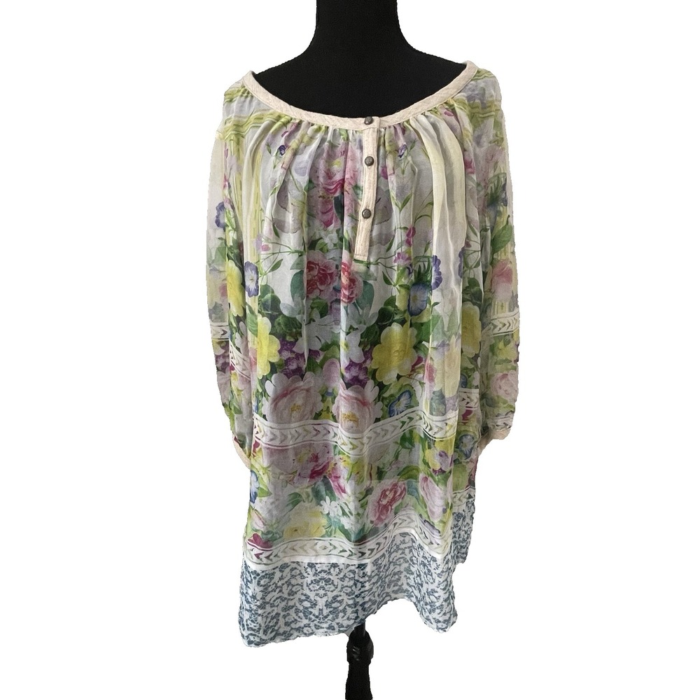 ARATTA SILENT JOURNEY Sz M 100% Silk Floral Sheer Tunic Top Blouse Boho